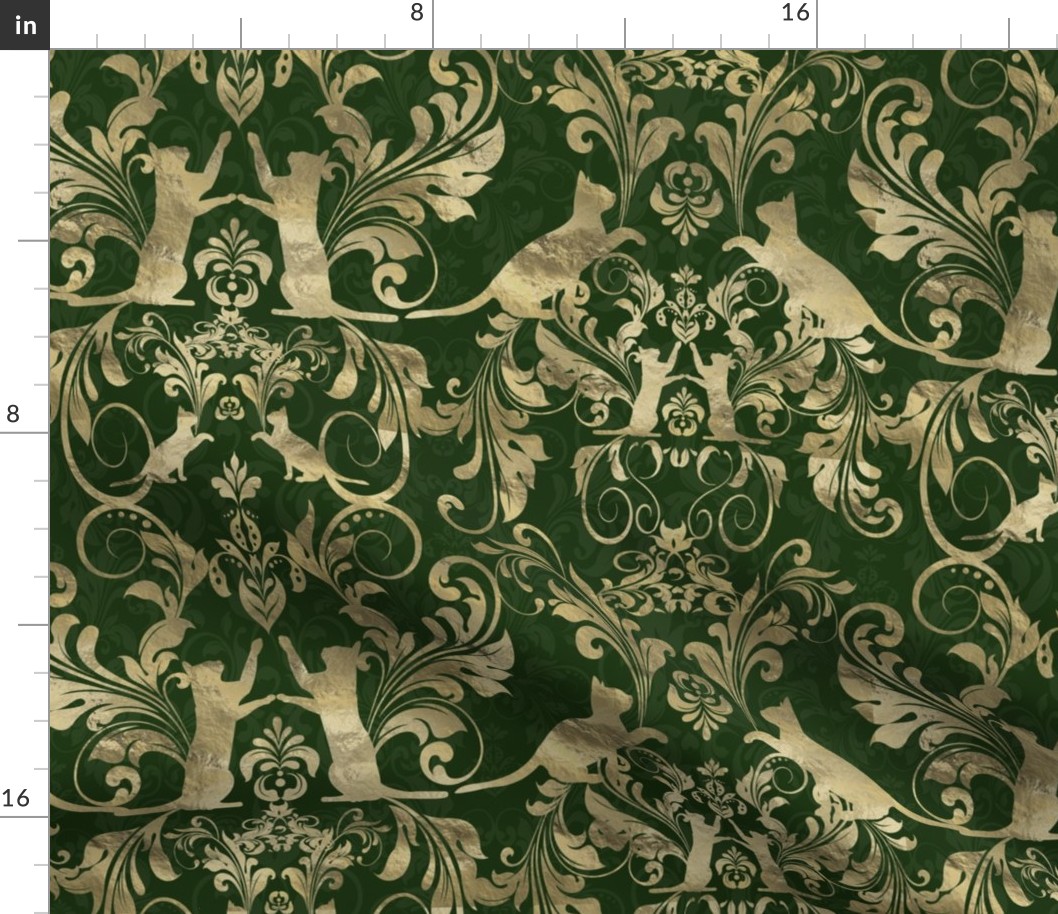 cat damask gold on green