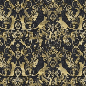 cat damask gold on black and blue