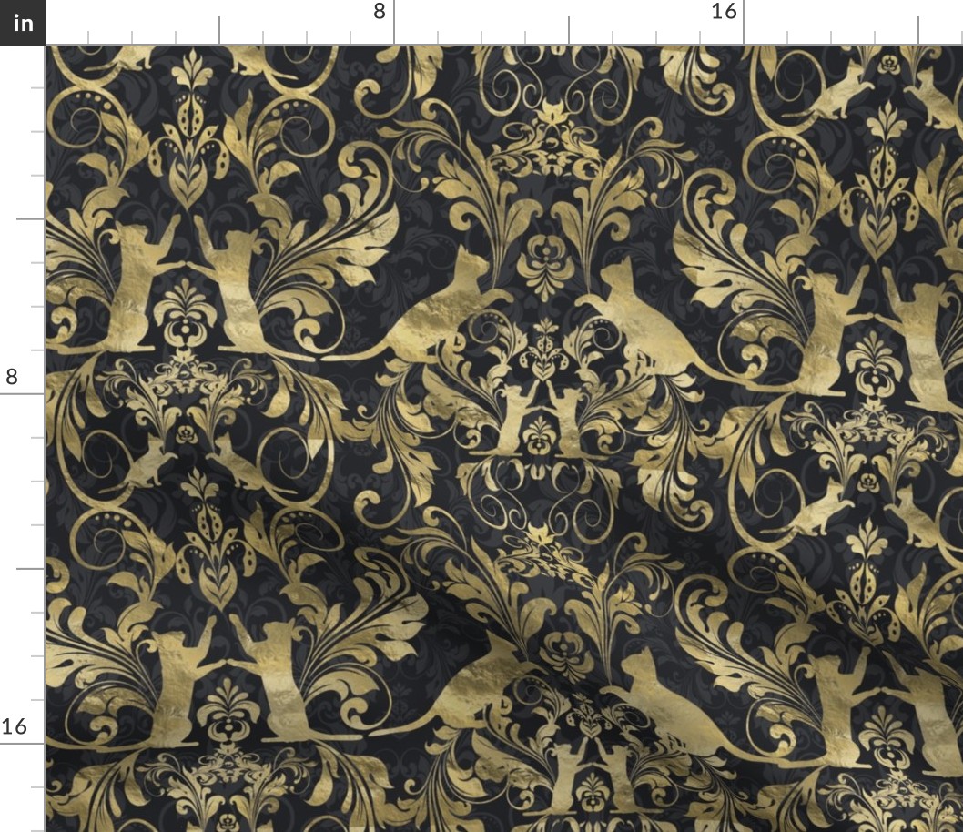 cat damask gold on black and blue