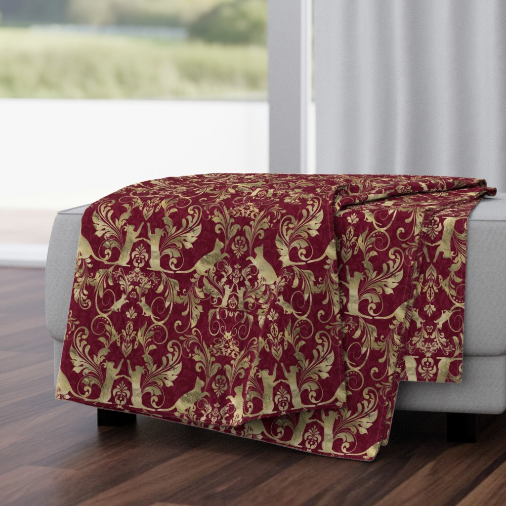 cat damask in gold and burgundy