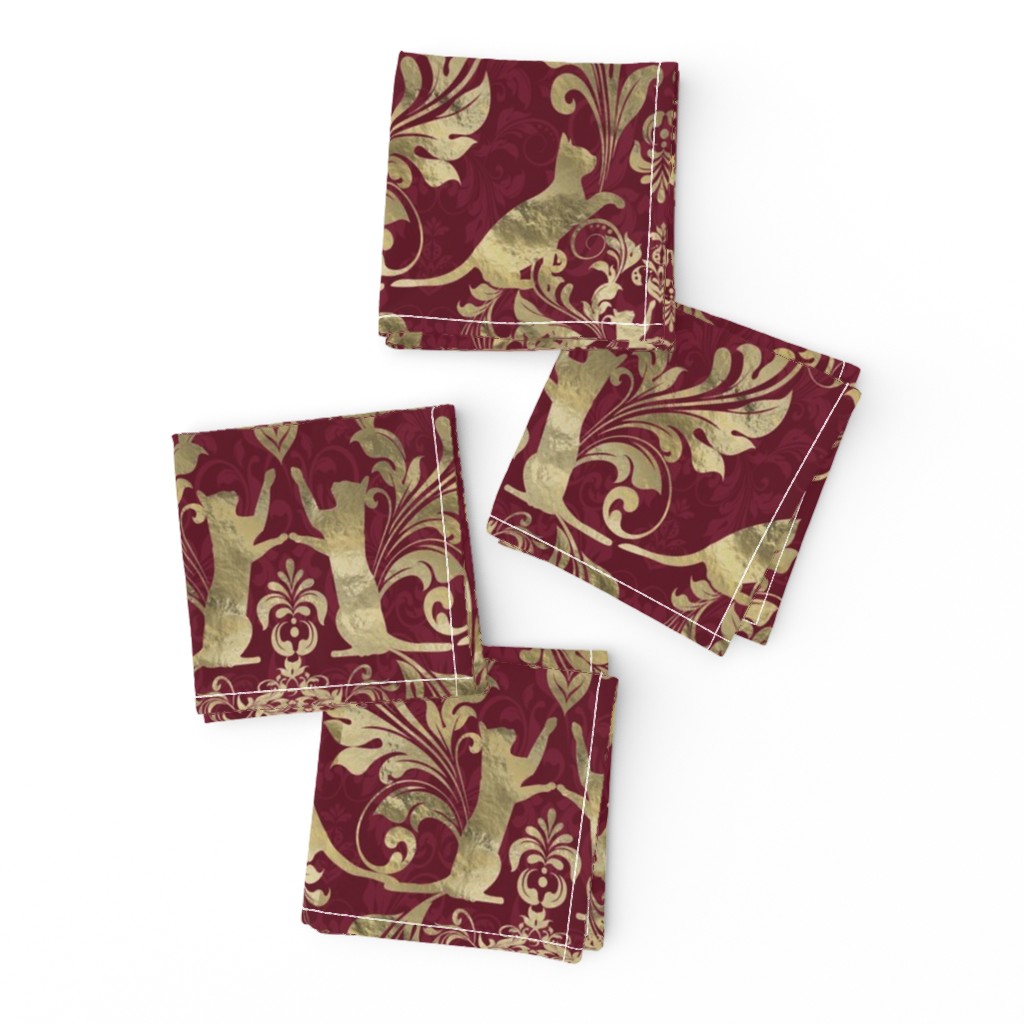 cat damask in gold and burgundy