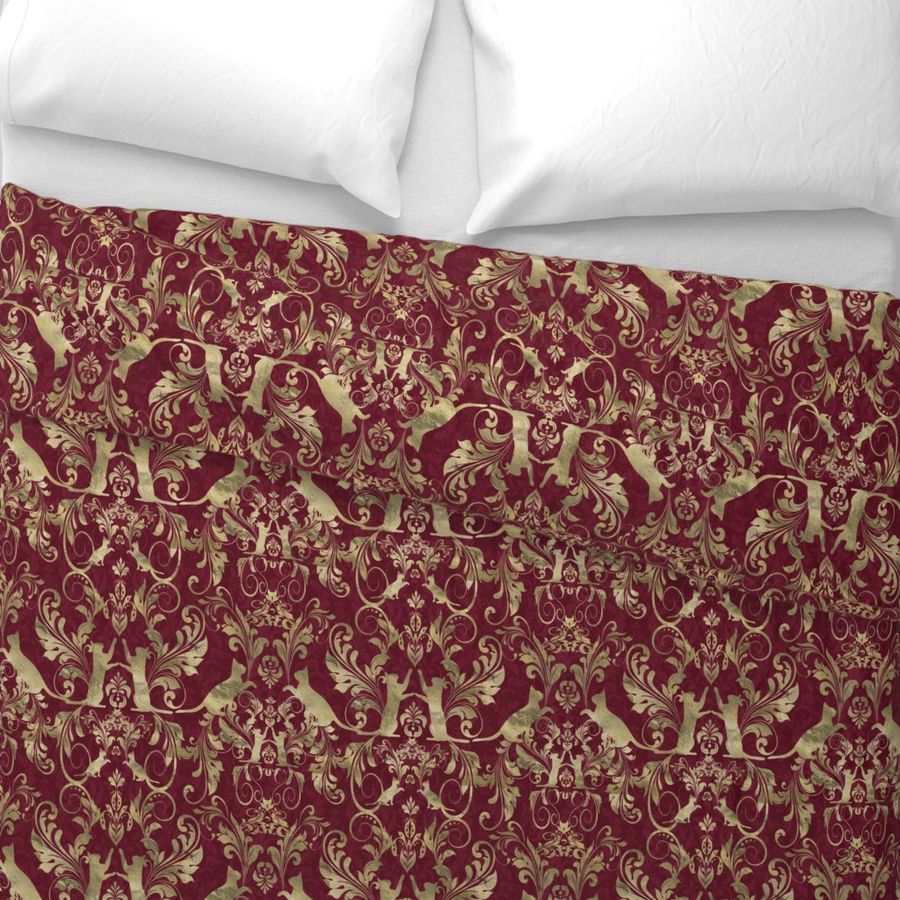 cat damask in gold and burgundy