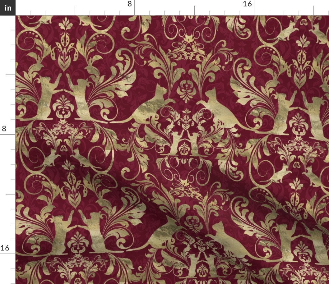 cat damask in gold and burgundy