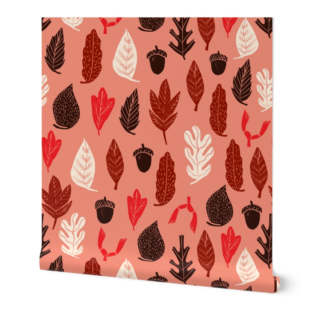 leaves // autumn fall design andrea lauren fabric linocut leaf acorn oak leaf leaves