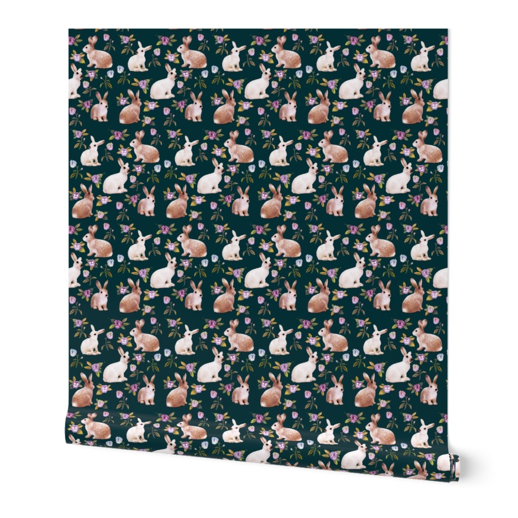 Bunnies in the Garden Deepest Teal // standard