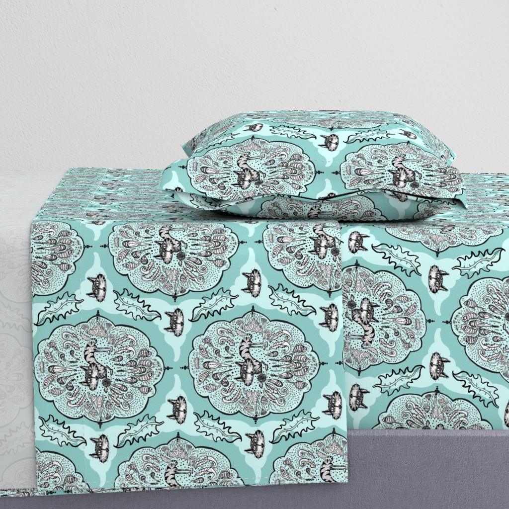 cat with yarn ball damask, large scale, aqua mint celadon green blue