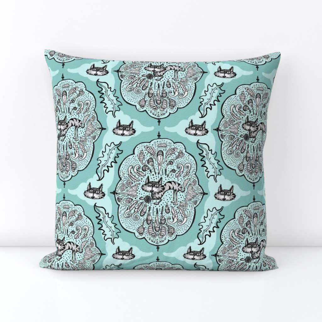 cat with yarn ball damask, large scale, aqua mint celadon green blue