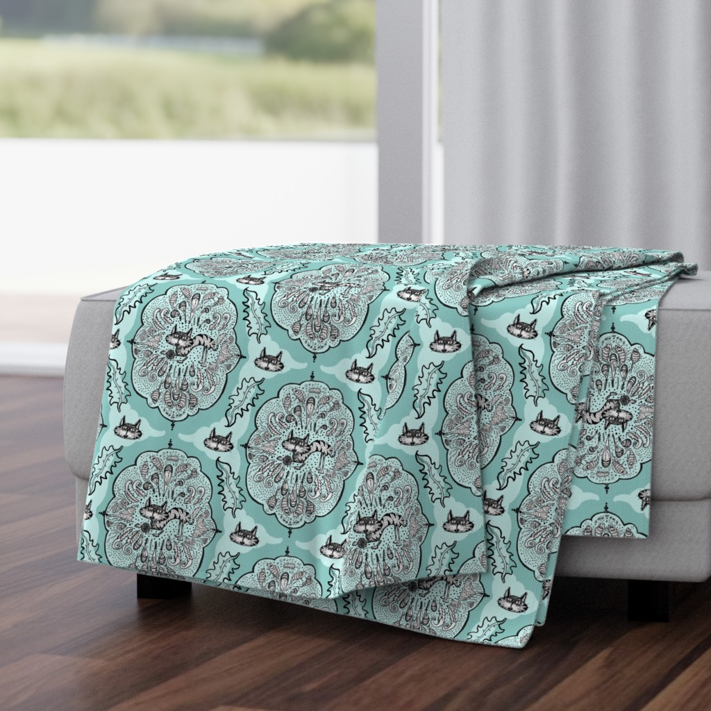 cat with yarn ball damask, large scale, aqua mint celadon green blue