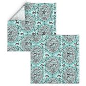 cat with yarn ball damask, large scale, aqua mint celadon green blue