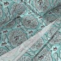 cat with yarn ball damask, large scale, aqua mint celadon green blue