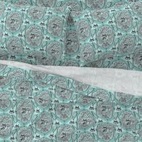 cat with yarn ball damask, large scale, aqua mint celadon green blue