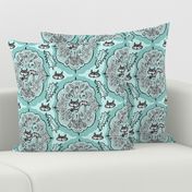 cat with yarn ball damask, large scale, aqua mint celadon green blue