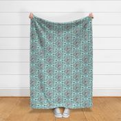 cat with yarn ball damask, large scale, aqua mint celadon green blue