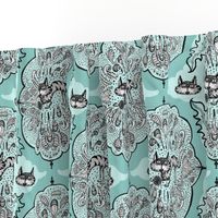 cat with yarn ball damask, large scale, aqua mint celadon green blue