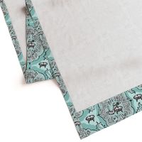 cat with yarn ball damask, large scale, aqua mint celadon green blue