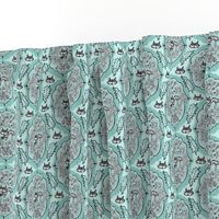 cat with yarn ball damask, small scale, aqua mint celadon green blue 