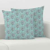 cat with yarn ball damask, small scale, aqua mint celadon green blue 