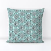 cat with yarn ball damask, small scale, aqua mint celadon green blue 