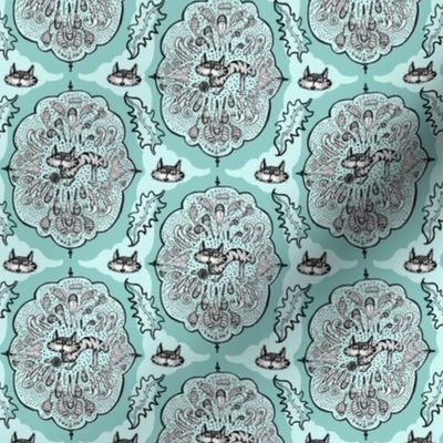 cat with yarn ball damask, small scale, aqua mint celadon green blue 