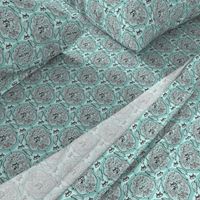 cat with yarn ball damask, small scale, aqua mint celadon green blue 