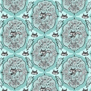 cat with yarn ball damask, small scale, aqua mint celadon green blue 