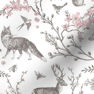 Spring Woodland Toile (pink white/linen) LRG