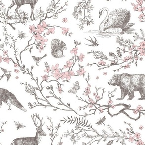 Spring Woodland Toile (pink white/linen) LRG