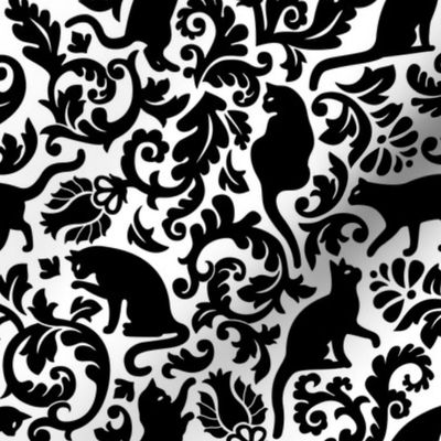 Cats In The Garden / Black On White Background / Medium Scale