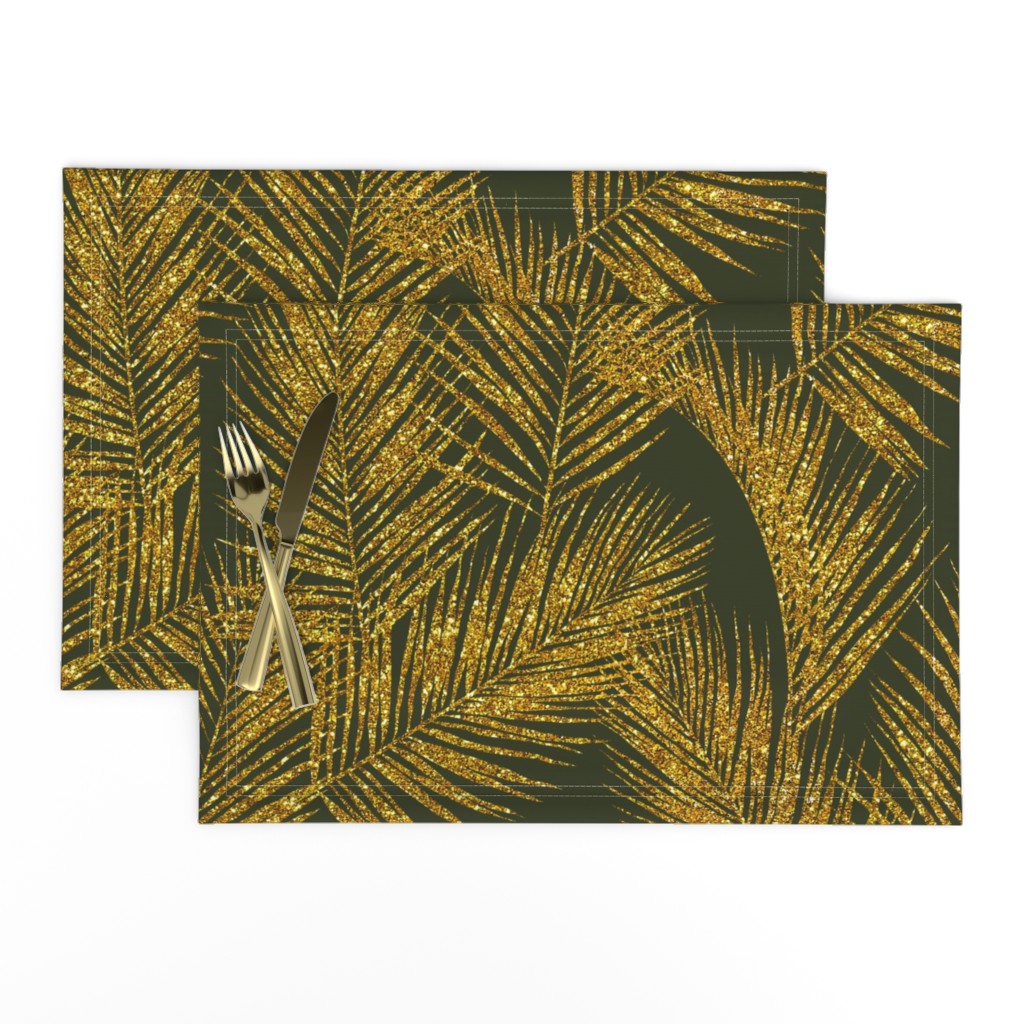 gold glitter palm leaves - dark olive, extra large. silhuettes faux gold imitation tropical forest olive background hot summer palm plant leaves shimmering metal effect texture fabric wallpaper giftwrap