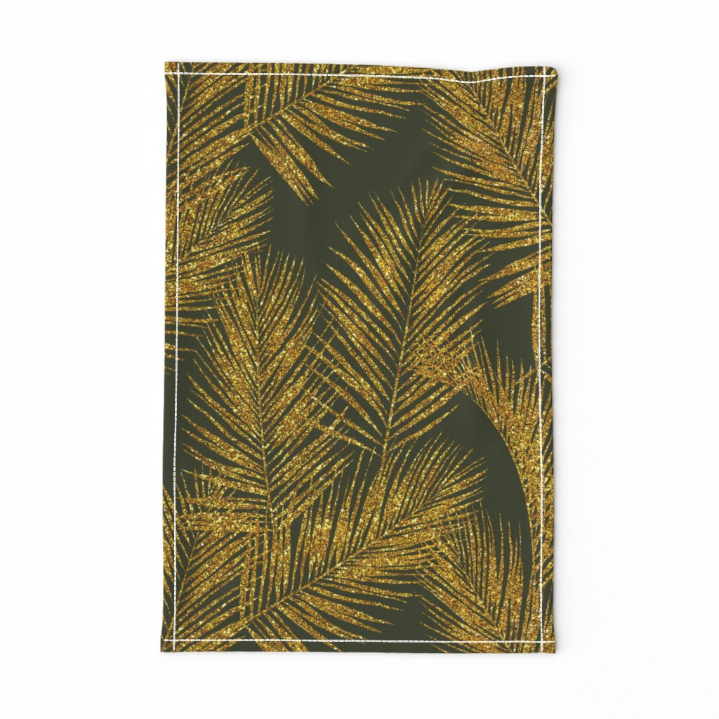 gold glitter palm leaves - dark olive, extra large. silhuettes faux gold imitation tropical forest olive background hot summer palm plant leaves shimmering metal effect texture fabric wallpaper giftwrap