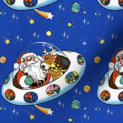 vintage retro kitsch merry Christmas Santa Claus Reindeer spaceship ufo rockets presents universe galaxy shooting stars planets toys teddy bears space
