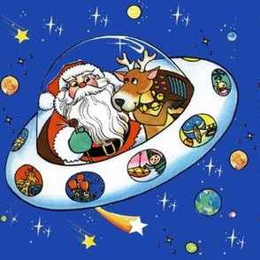 vintage retro kitsch merry Christmas Santa Claus Reindeer spaceship ufo rockets presents universe galaxy shooting stars planets toys teddy bears space