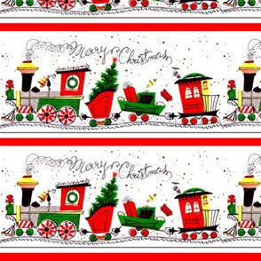 vintage retro merry Christmas trains railway tracks mistletoe trees coniferous cones snow winter presents gifts festive holiday seamless border 