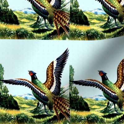 vintage retro kitsch birds Pheasants fields grasslands forests trees mountains nature wildlife rivers lakes flowers plants   