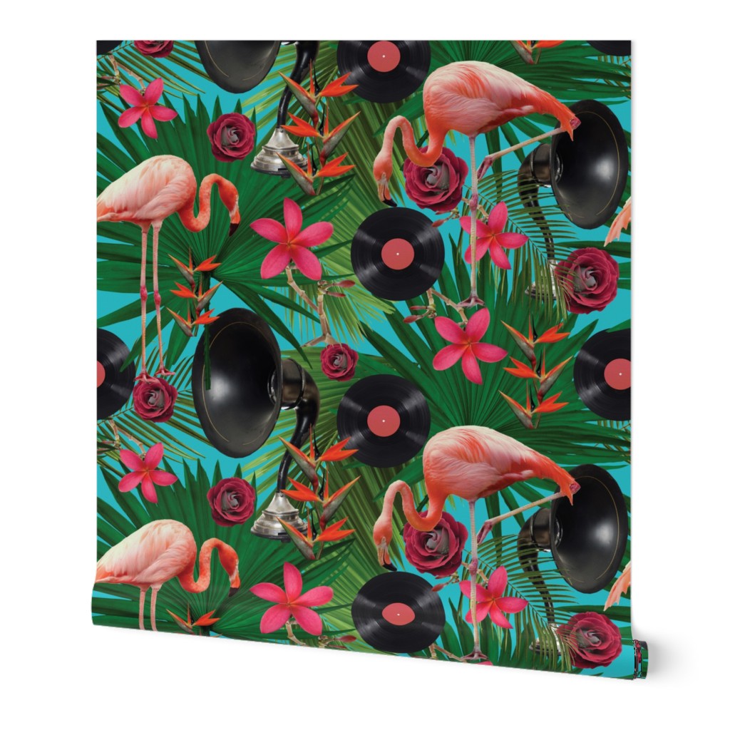 flamingos on teal