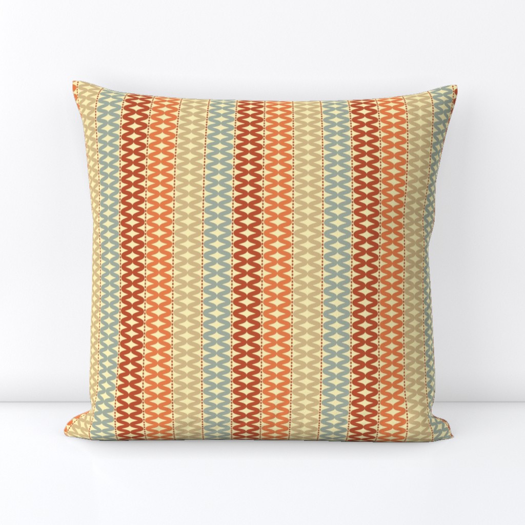 Retro vertical stripes with interlocking terra-cotta, blue, and mustard motifs.