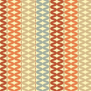 Retro vertical stripes with interlocking terra-cotta, blue, and mustard motifs.