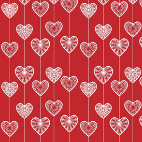 White lace hearts on a red background, a romantic and festive pattern.