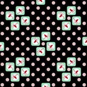 Polka Dot Birds- Black, Cream, Cyan, Red