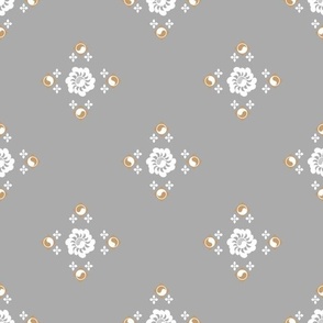 Geometric Florals, Modern Classic Flower Garden, Gray, White Flowers, and Gold Circles Fabric, Large Scale