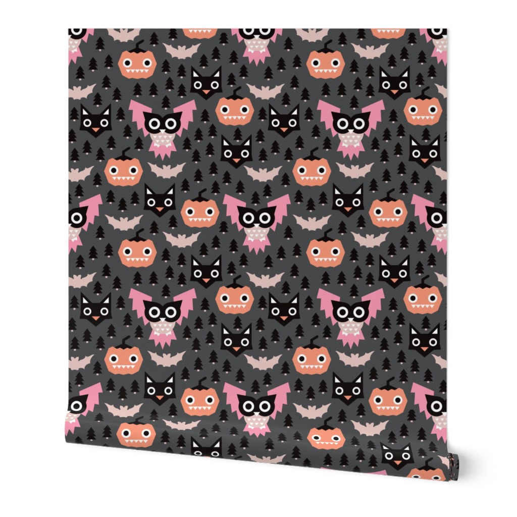 Geometric pumpkin cats and halloween illustration pattern