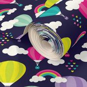 Cute colorful hot air balloon retro clouds and rainbow illustration pattern