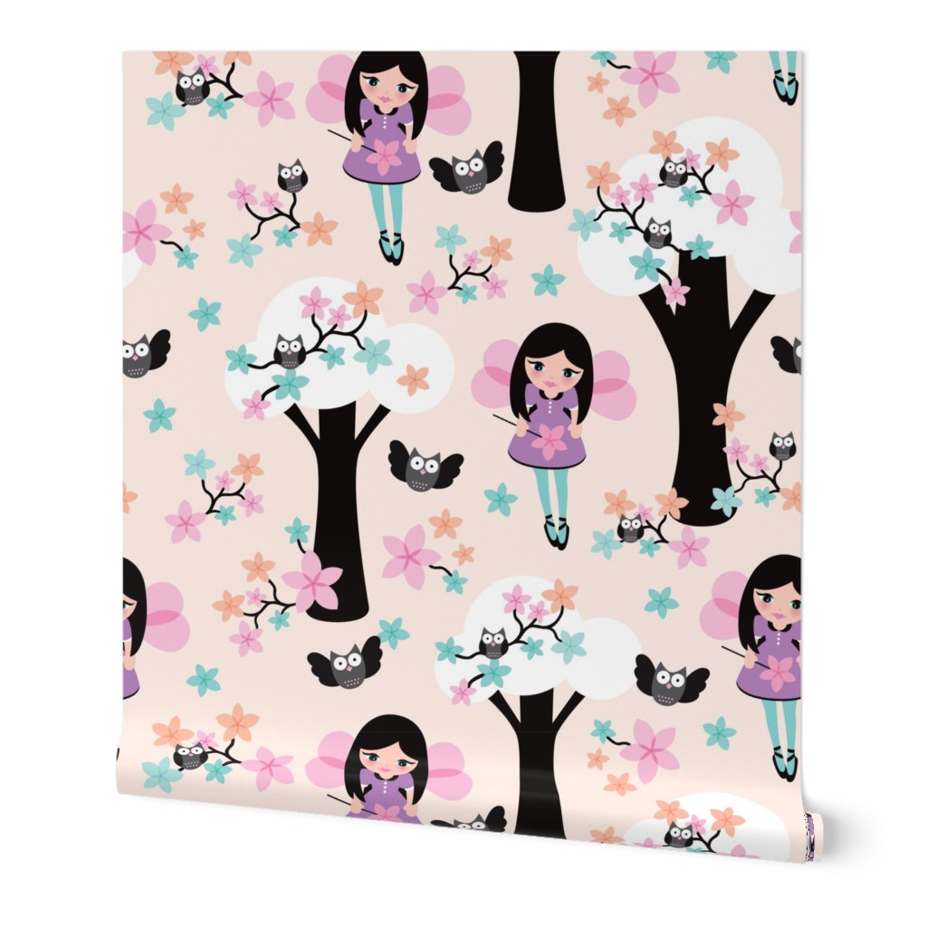 Cute fairy princess girls illustration pink owl tree pattern