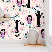 Cute fairy princess girls illustration pink owl tree pattern