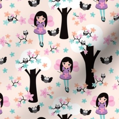 Cute fairy princess girls illustration pink owl tree pattern