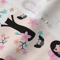 Cute fairy princess girls illustration pink owl tree pattern