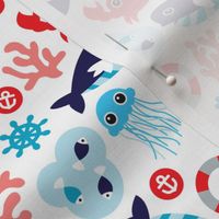Colorful kids jelly fish whale and sea life illustration pattern