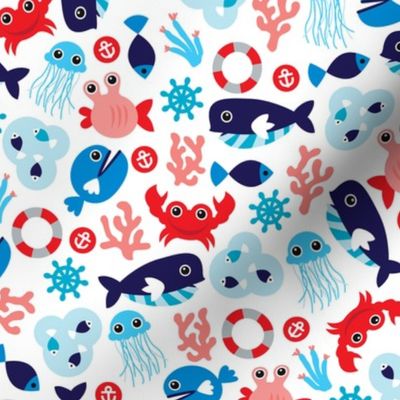 Colorful kids jelly fish whale and sea life illustration pattern