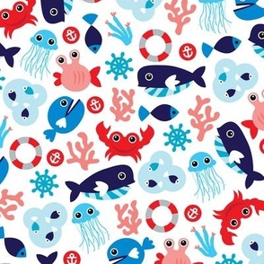 Colorful kids jelly fish whale and sea life illustration pattern