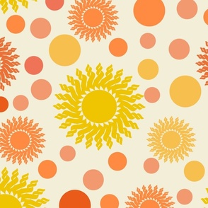 Handcrafted suns and dots on a cream canvas.